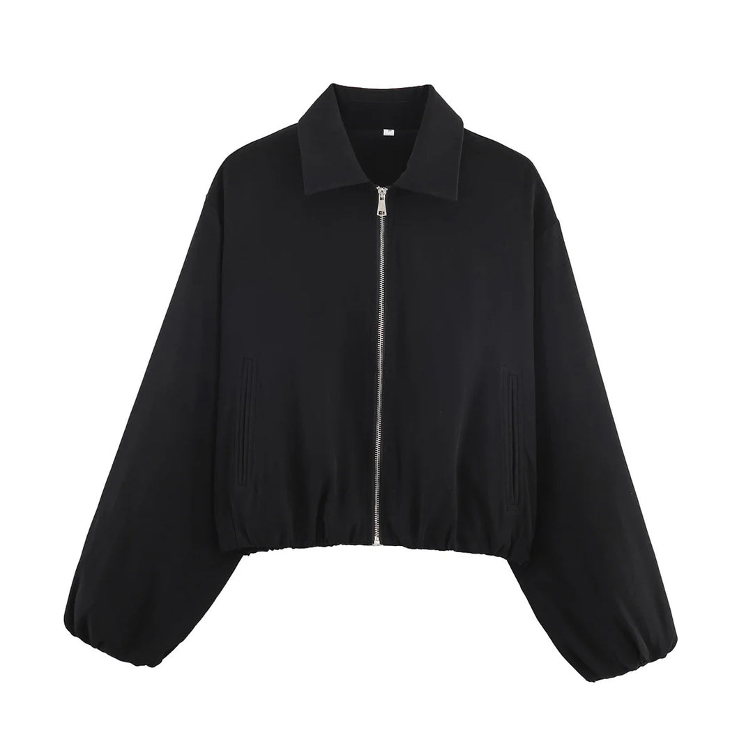 Damen nan Cropped Bomberjacke mit durchgehendem Reißverschluss, weitem Ballonärmeln und elastischem Saum Echo Archiv