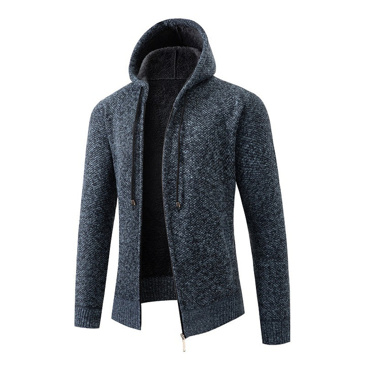 Herren nan melierte Strickzip-Kapuzenjacke mit wärmendem Teddyfutter, verdecktem Zwei-Wege-Reißverschluss und elastischen Bündchen Echo Archiv