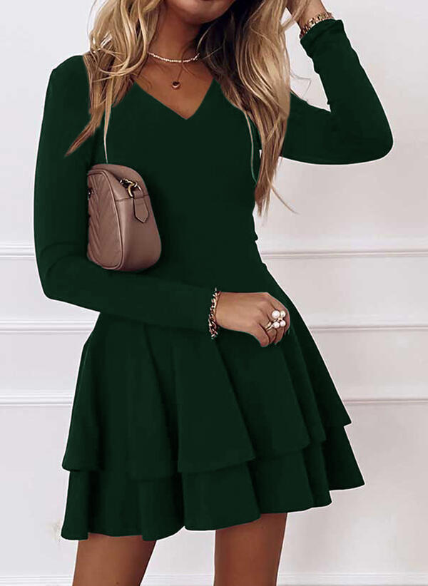 Damen V-Ausschnitt Kleid mit voluminösem Rock und langen Ärmeln Echoarchiv