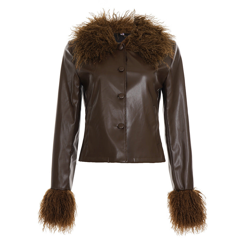 Damen nan kurze Kunstlederjacke mit voluminösem Fellkragen und Fellmanschetten Echo Archiv