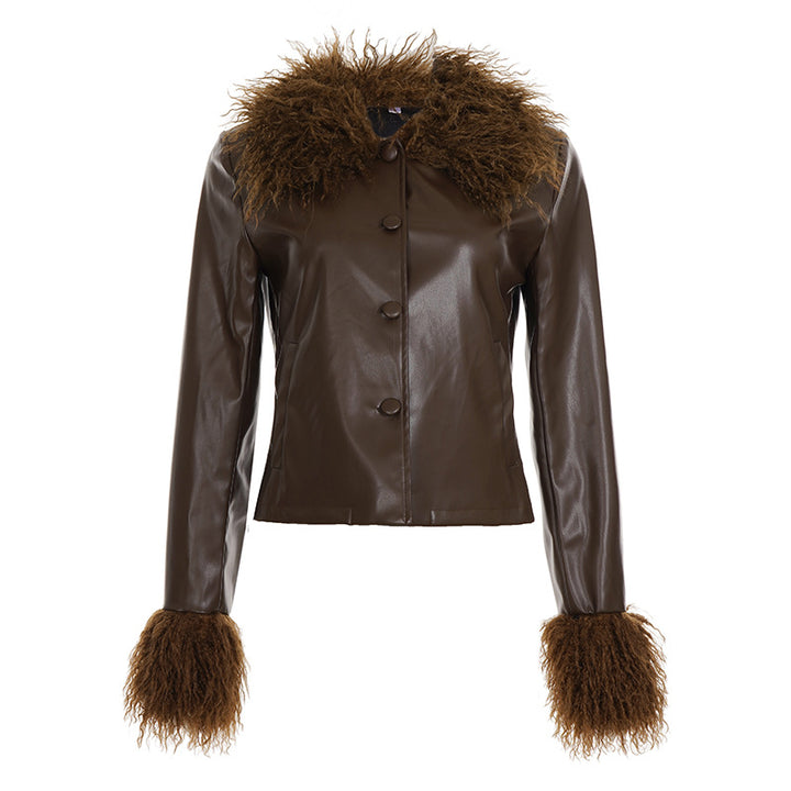 Damen nan kurze Kunstlederjacke mit voluminösem Fellkragen und Fellmanschetten Echo Archiv
