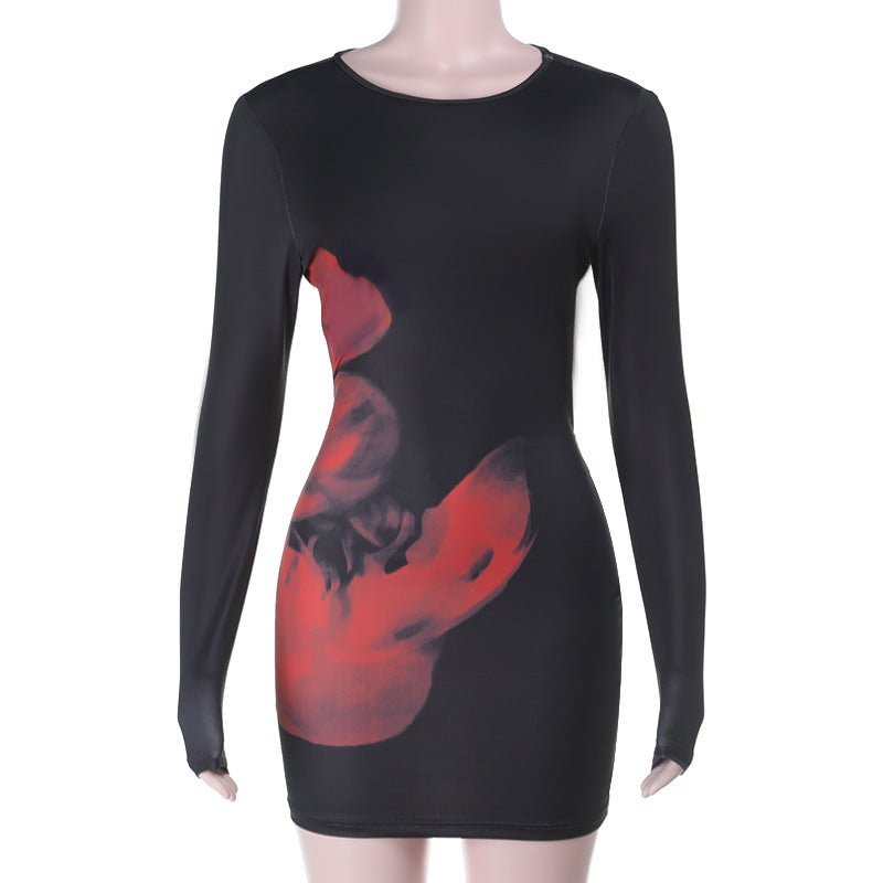 Damen Figurbetontes Langarm-Minikleid aus Stretch-Jersey mit abstraktem Aquarell-Print – Avérine