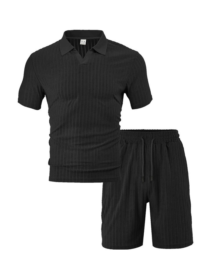 Herren nan Strick-Lounge-Ensemble mit Polokragen V‑Einsatz und Tunnelzug-Bermudas Echo Archiv