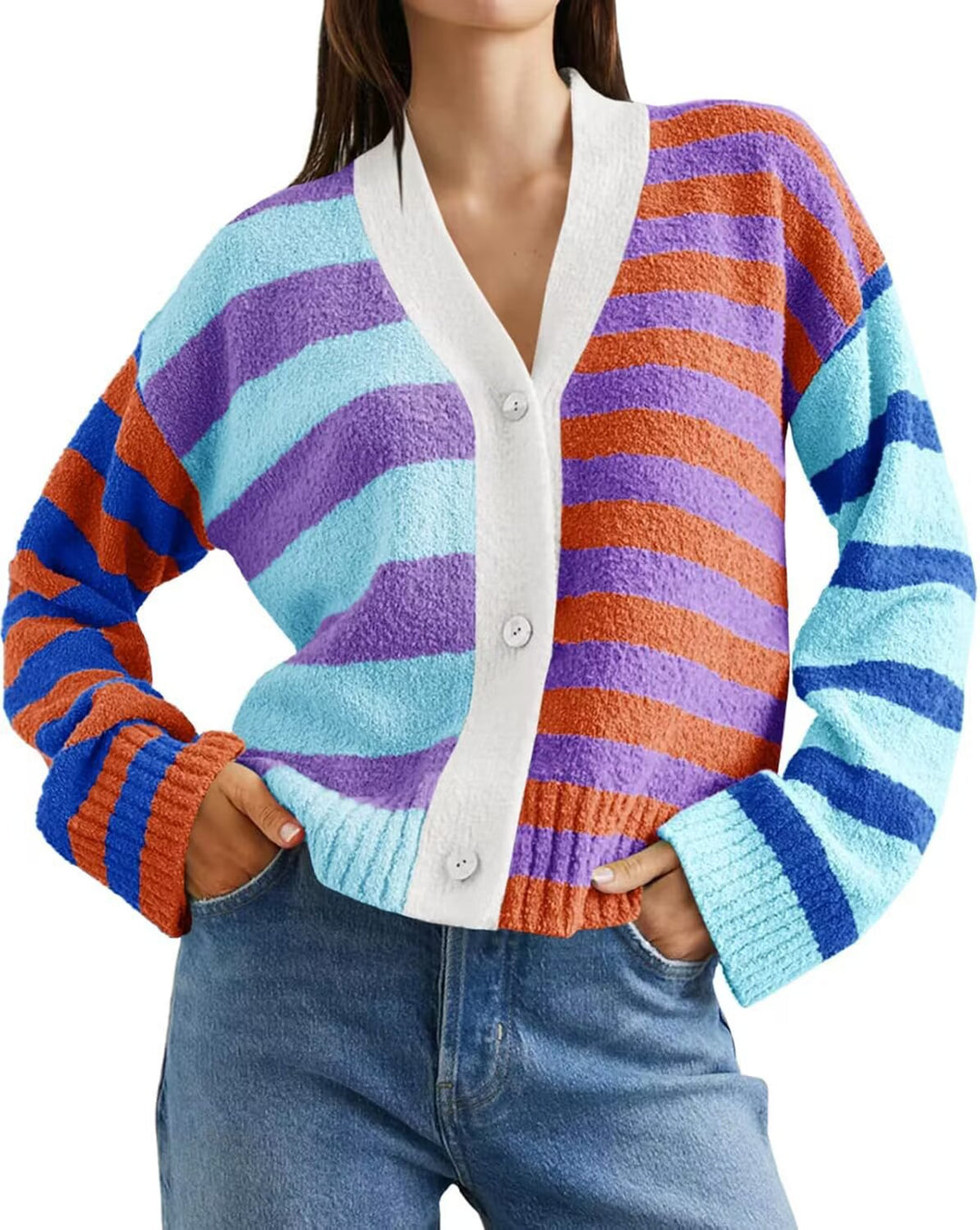 Damen lockerer gestreifter Frottee-Cardigan mit V-Ausschnitt und Knopfleiste – Veloura