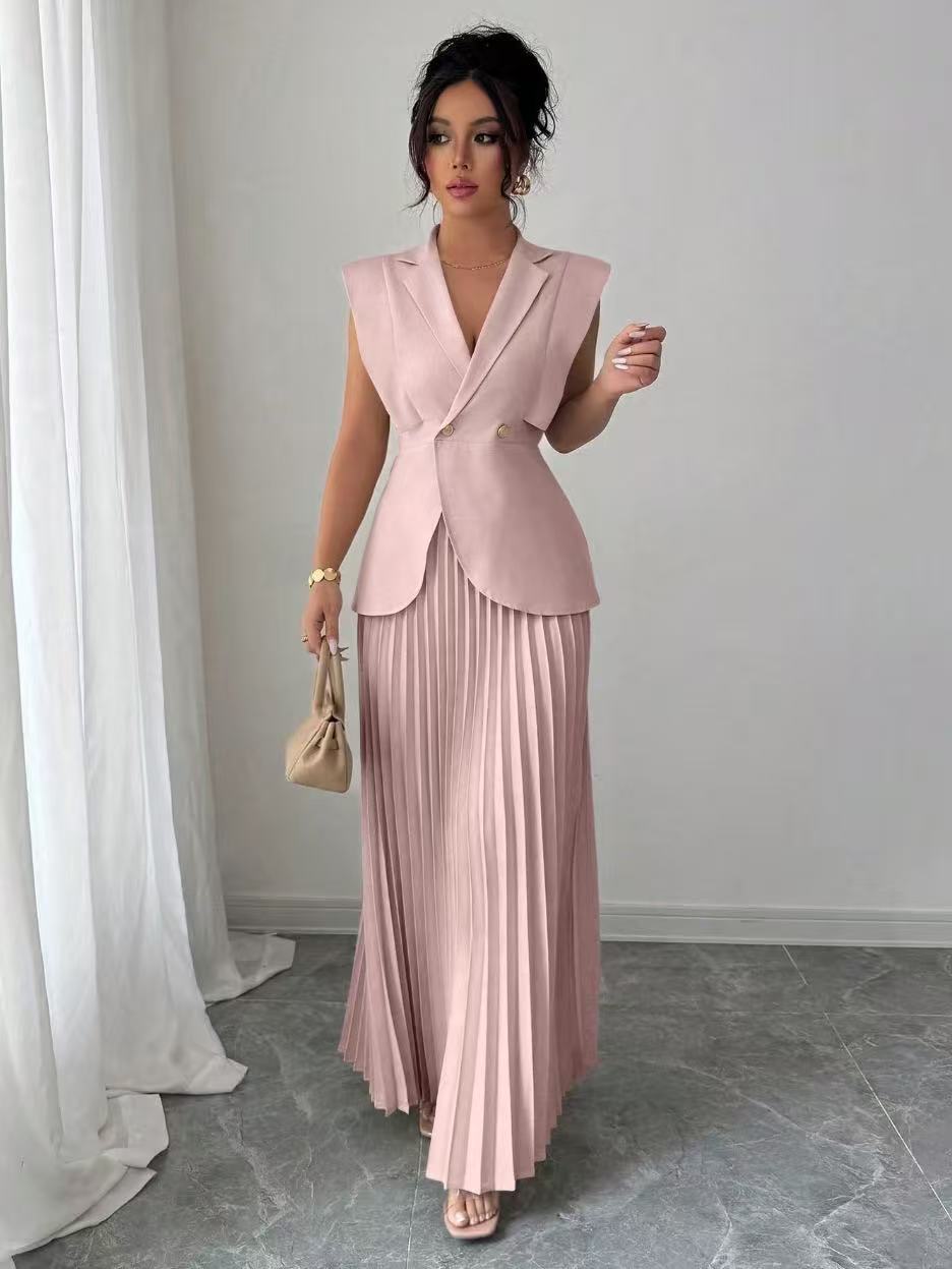 Damen Ärmelloses tailliertes Blazer-Set mit plissiertem Maxirock – Valéne