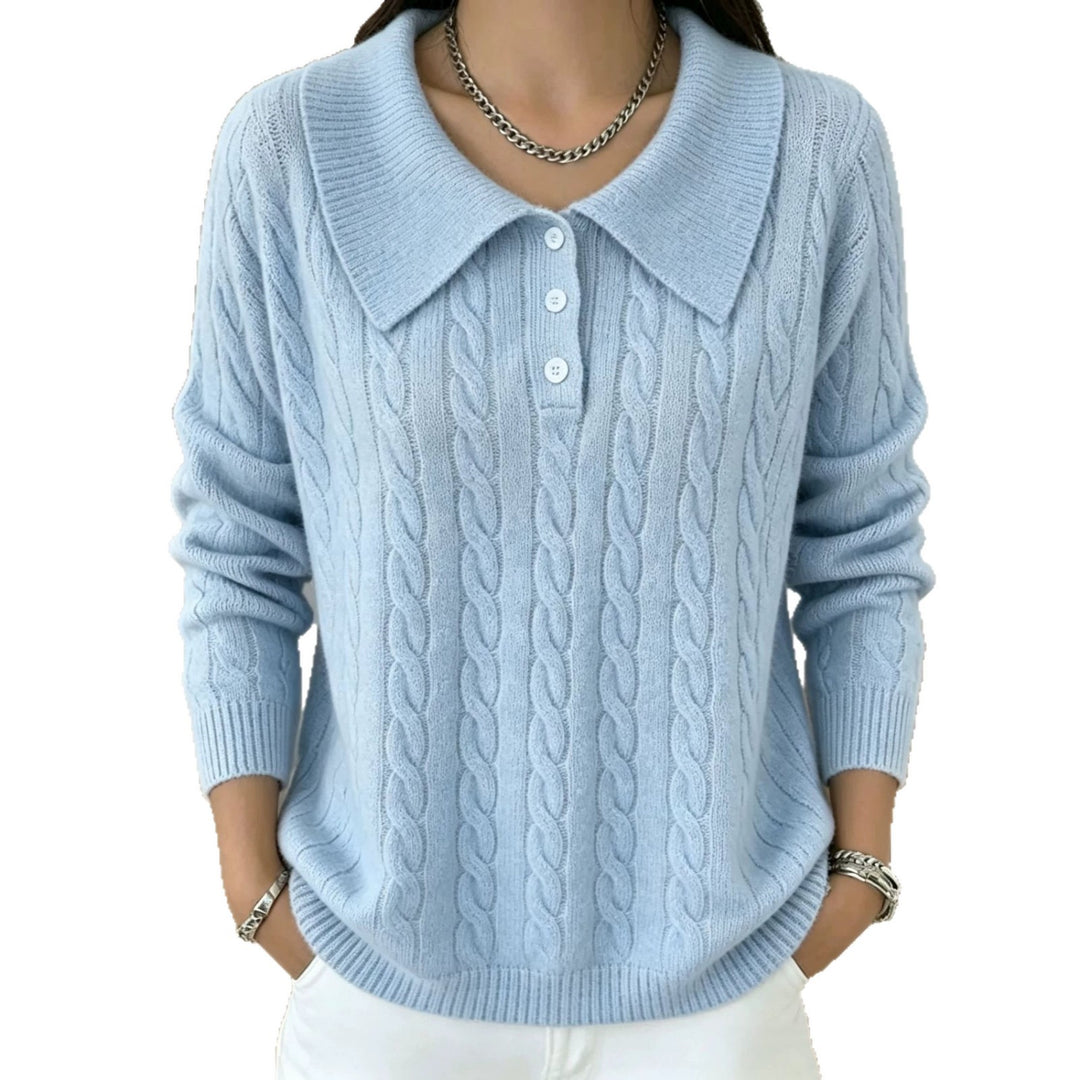 Damen Kabelstrick-Polo-Pullover mit großem Umlegekragen und lockerer Silhouette – Mavelle