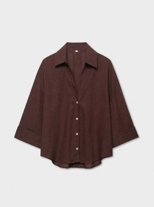 Damen Leichte Oversize Leinenoptik Bluse mit Dreiviertelärmeln und durchgehender Knopfleiste Echoarchiv