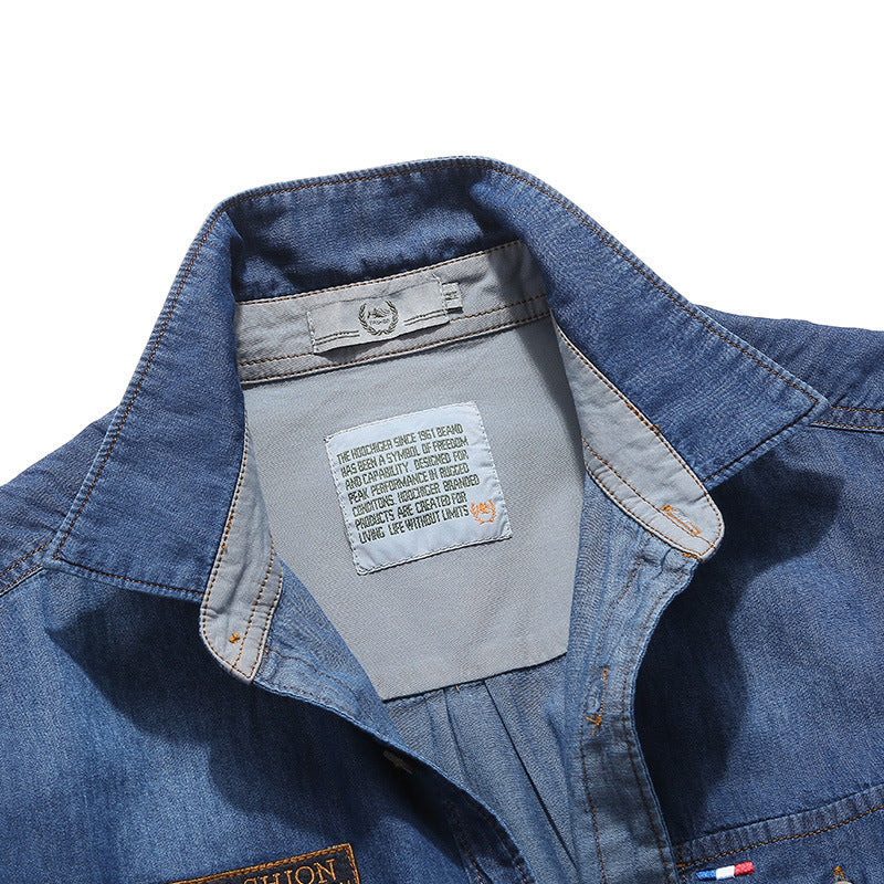 Herren Jeanshemd im Worker‑Style mit Brustklappen, Vintage‑Waschung und Badge‑Details – Arvello