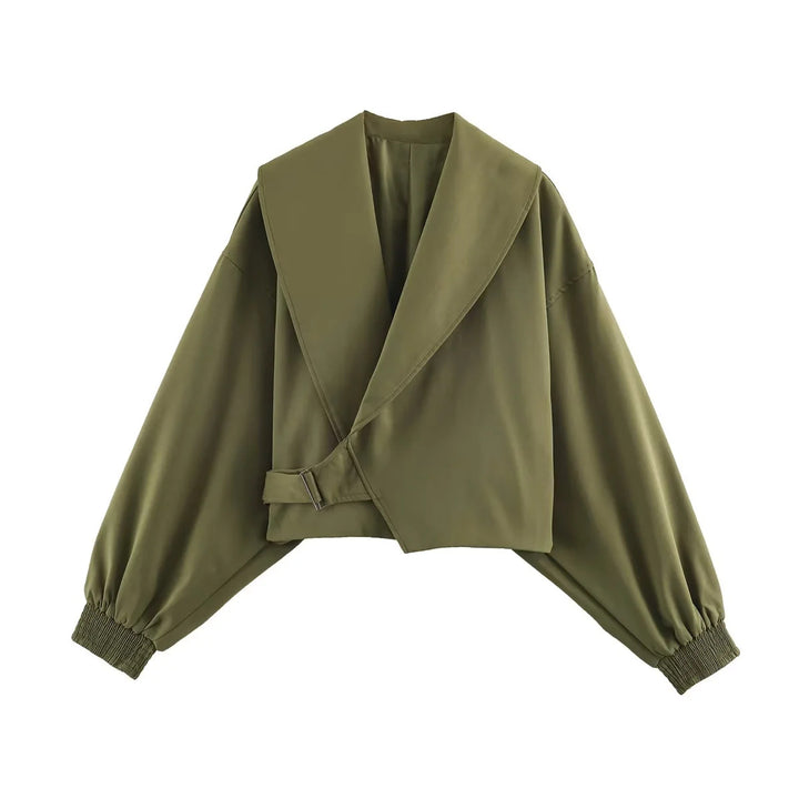 Damen kurze Oversize Jacke mit großem Schalkragen und Ballonärmeln – Célinea