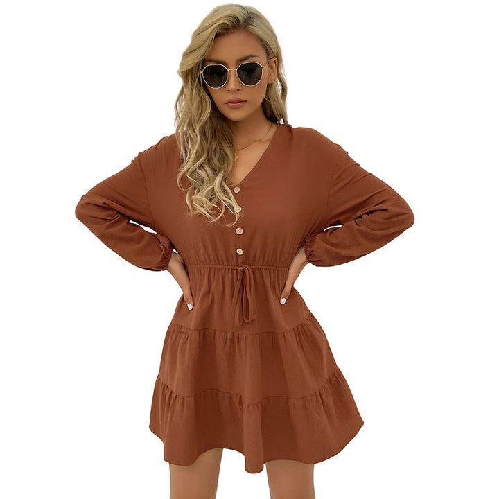 Damen Gestuftes Viskose-Minikleid mit Taillenschnur und Knopfdetail Echoarchiv