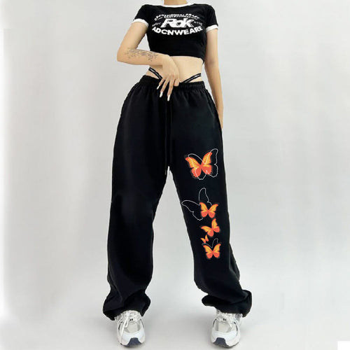 Damen hochgeschnittene Sweatpants mit elastischem Bund, Kordelzug, Seitentaschen, elastischen Beinabschlüssen und Schmetterlingsprint – Avérine