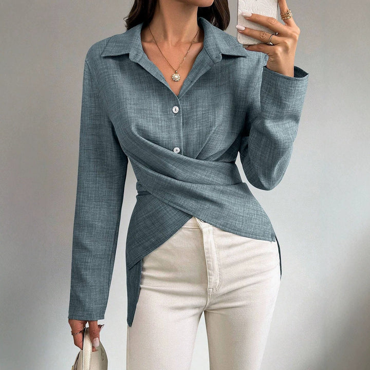 Damen Wickelbluse mit Hemdkragen und asymmetrischem Saum Echoarchiv