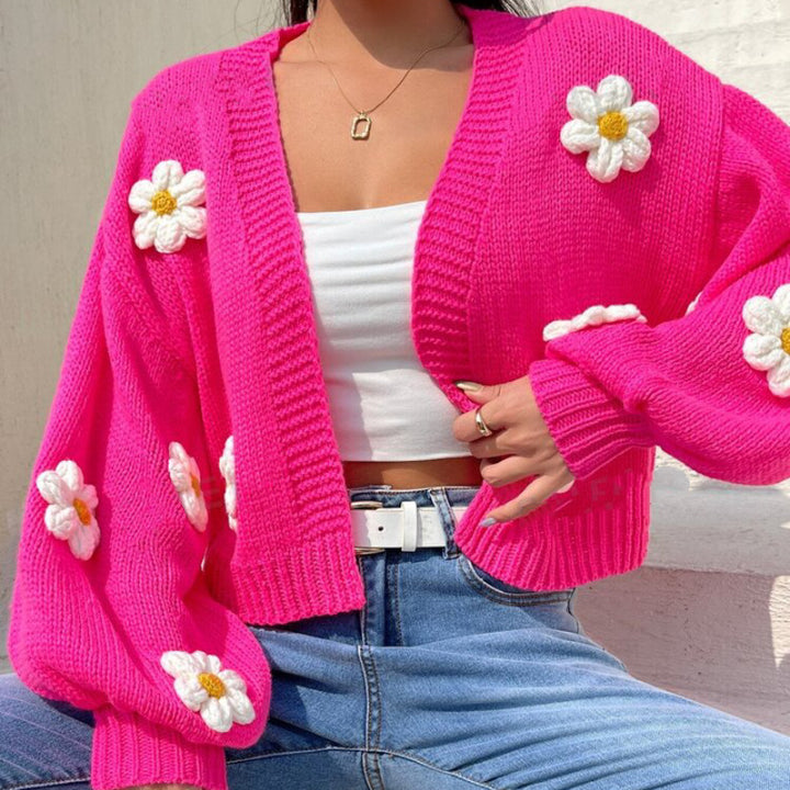 Damen Cropped-Cardigan aus Baumwollmix mit 3D-Blütenapplikationen – Veloura
