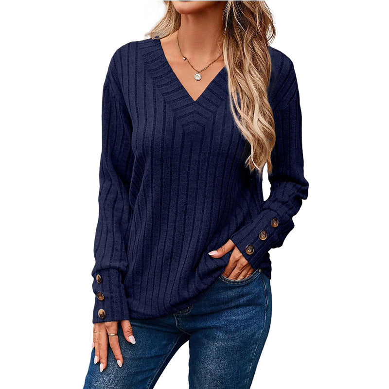 Damen Gerippter V-Ausschnitt Strickpullover mit Knopfmanschetten Echo Archiv