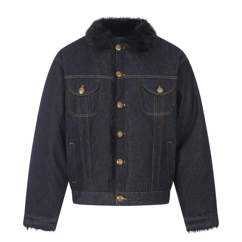 Herren Kurz geschnittene Denimjacke mit Kunstfellkragen und Teddyfutter‑Optik Echo Archiv