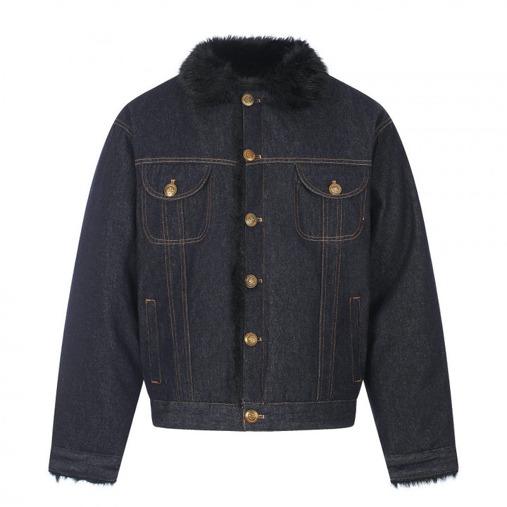 Herren Kurz geschnittene Denimjacke mit Kunstfellkragen und Teddyfutter‑Optik Echo Archiv