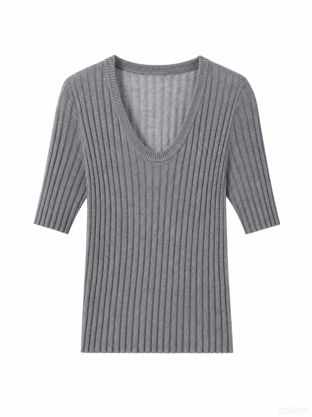 Damen Geripptes Feinstrickshirt mit tiefem U-Ausschnitt und halblangen Ärmeln Echo Archiv