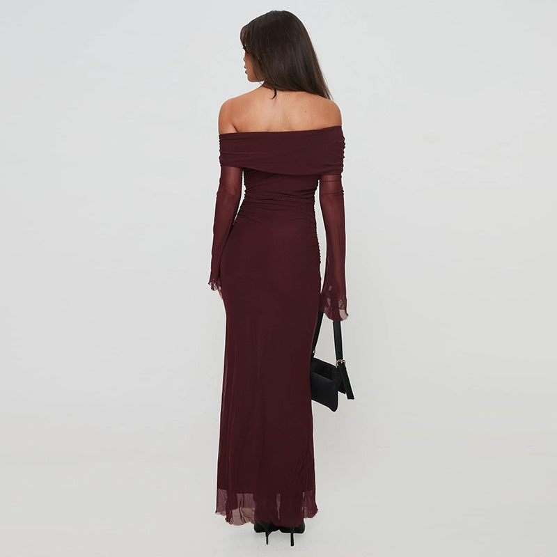Damen figurbetontes Maxikleid mit schulterfreiem Design und Rüschendetails Echo Archiv