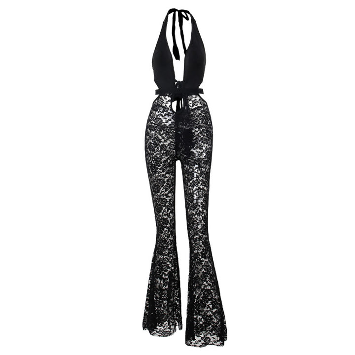 Damen eleganter Spitzen-Jumpsuit mit tiefem V-Ausschnitt und Glockenhosen Echo Archiv