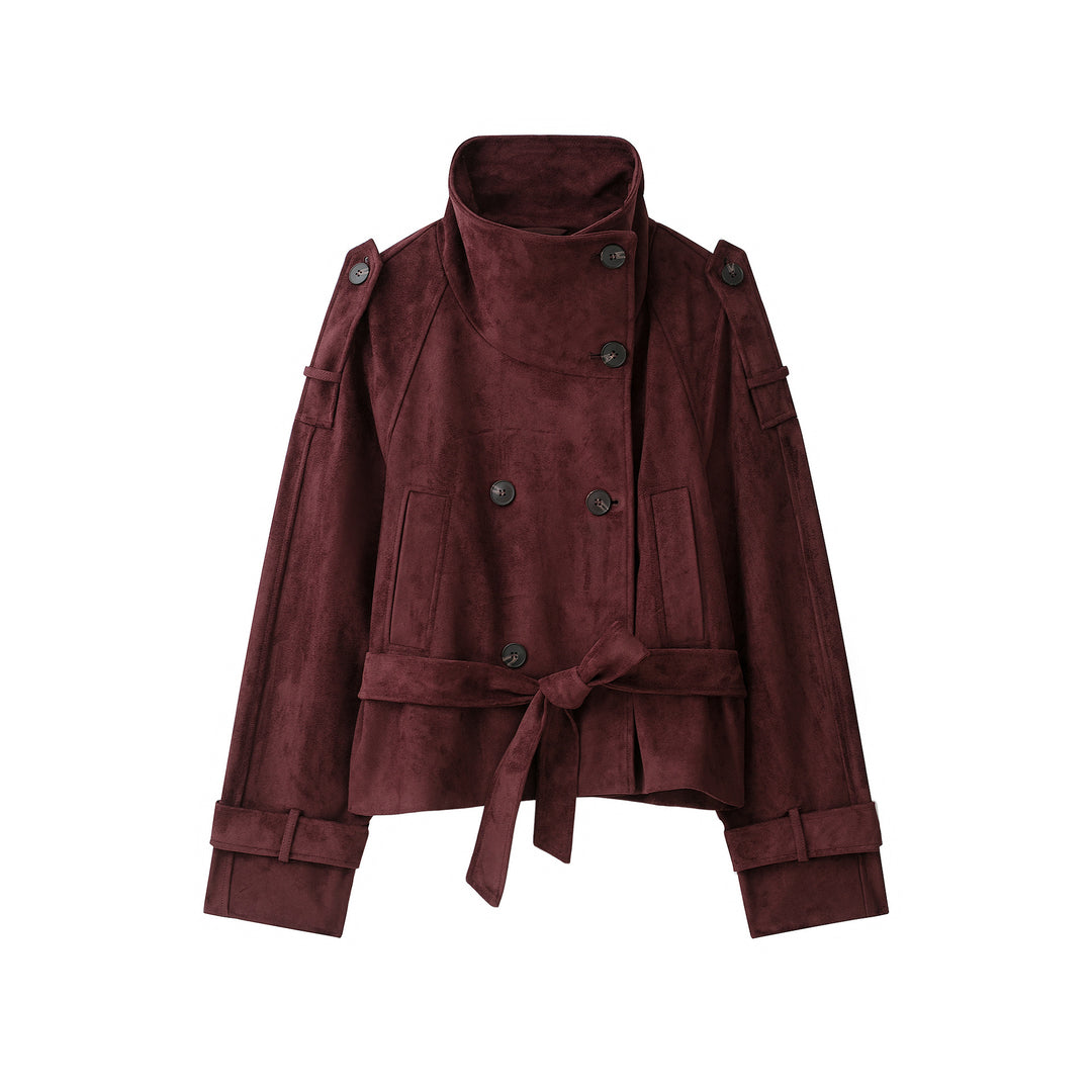 Damen Velours‑Trenchjacke mit hohem Funnelkragen und Bindegürtel Echoarchiv