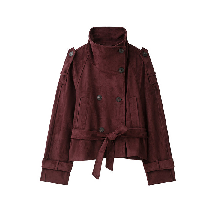 Damen Velours‑Trenchjacke mit hohem Funnelkragen und Bindegürtel Echoarchiv