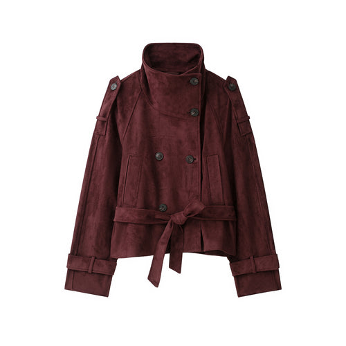 Damen Velours‑Trenchjacke mit hohem Funnelkragen und Bindegürtel Echoarchiv
