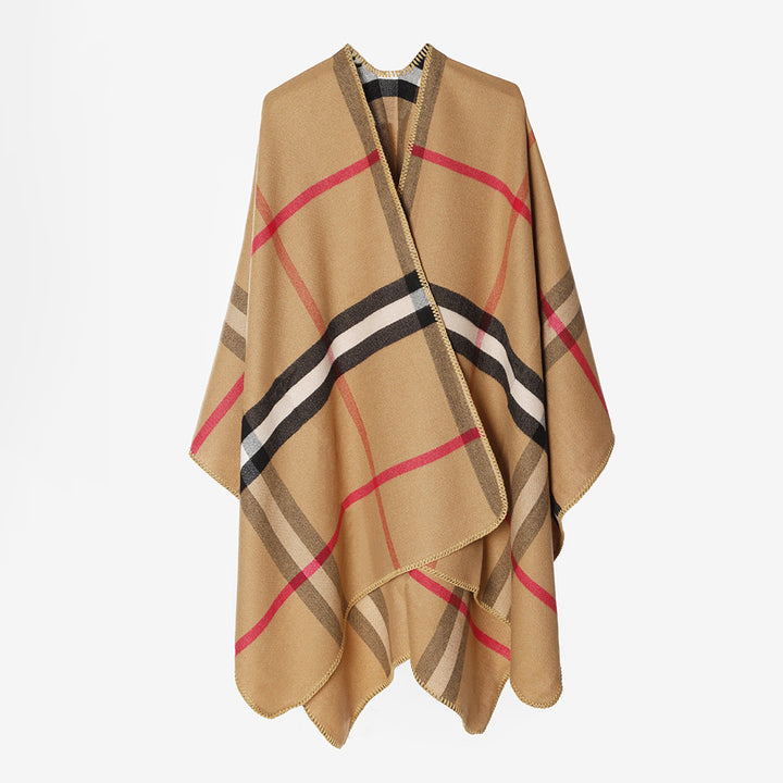 Damen Karierter Wollmix‑Poncho im Oversize‑Cape‑Schnitt mit Zierstichkante Echo Archiv