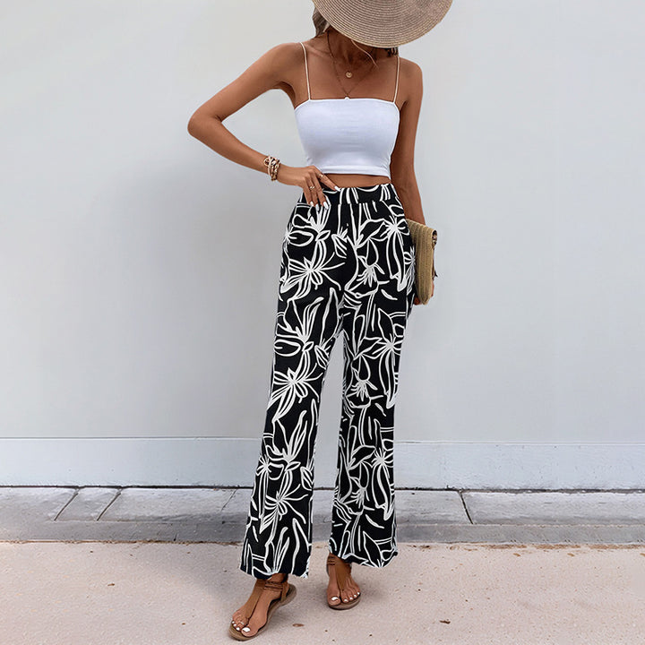 Damen Weite Leinenoptik-Hose mit hohem Bund und floralem Print Echoarchiv