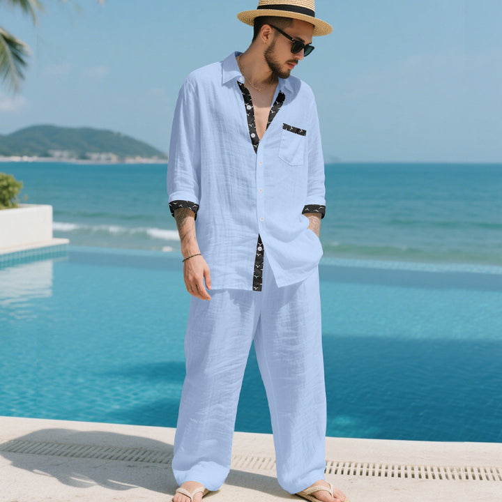 Herren Leinenoptik-Loungewear-Set mit Kordelzughose und offenem Hemdjacke – Averon