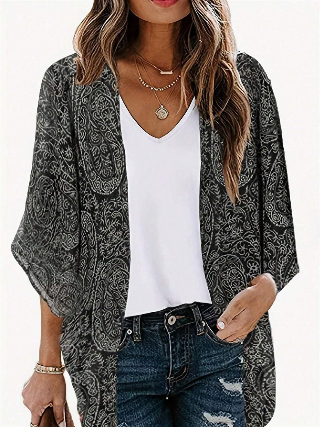 Damen Leichte Offene Kimono-Cardigan mit Paisley-Print – Veloura