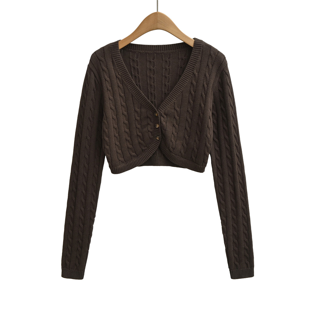 Damen Kurzgeschnittener Zopfstrick-Cardigan mit V‑Ausschnitt und Knopfleiste Echoarchiv