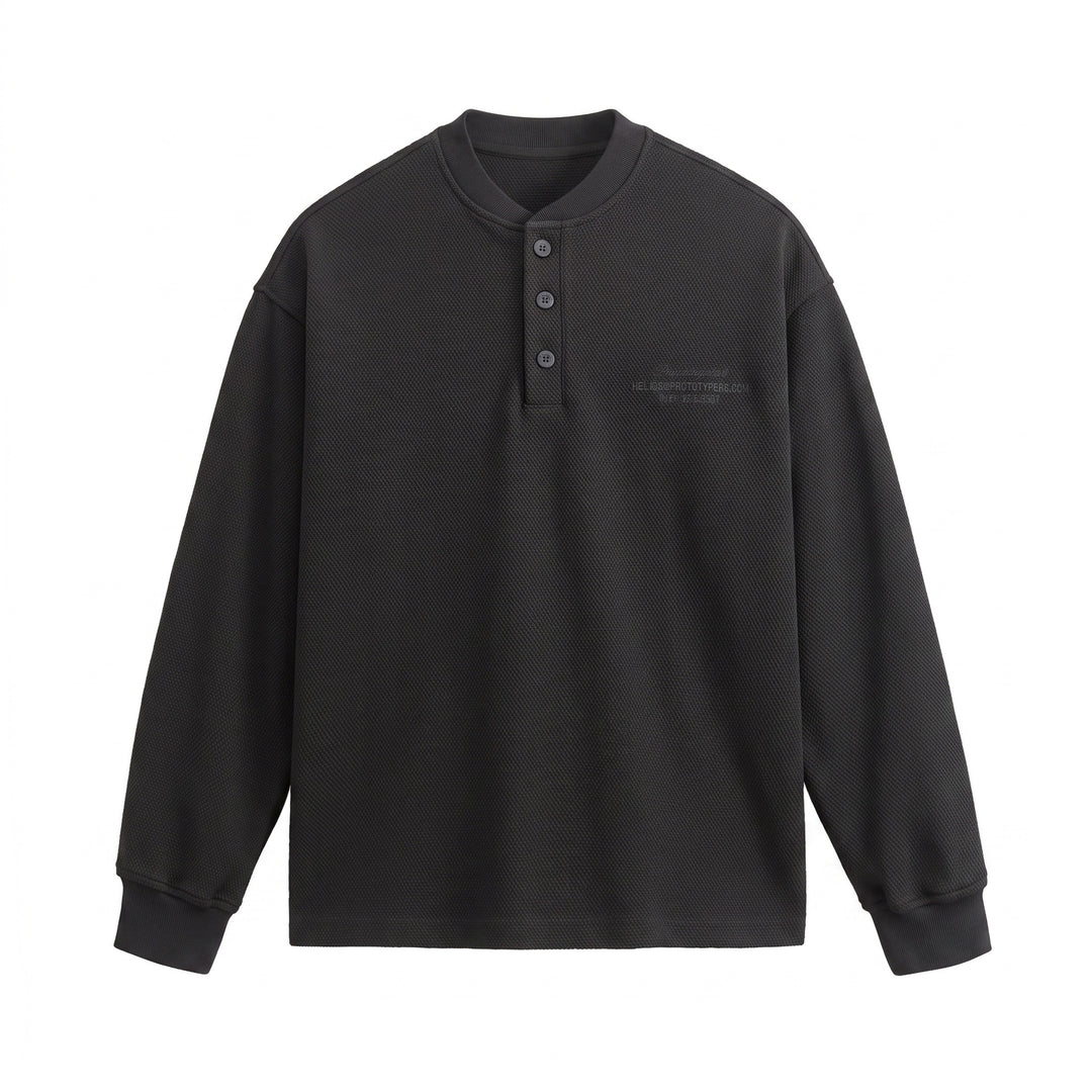 Unisex Strukturierter Henley-Pullover mit Knopfleiste und geripptem Stehkragen Echoarchiv