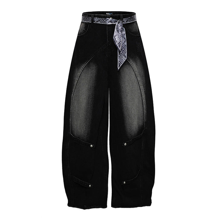 Damen Weite Denim-Culotte mit hohem Bund und Bandana-Gürtel Echoarchiv