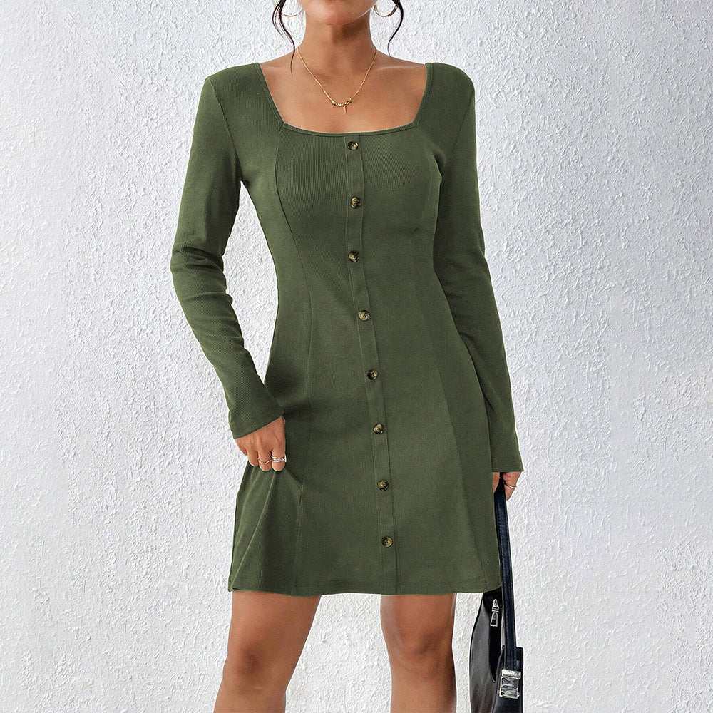 Damen ausgestelltes Strick‑Korsagenkleid mit durchgehender Knopfleiste, Square‑Neck und figurformenden Teilungsnähten – Élara
