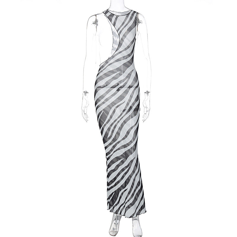 Damen Maxikleid mit asymmetrischem Schnitt und transparentem Zebra-Muster Echo Archiv