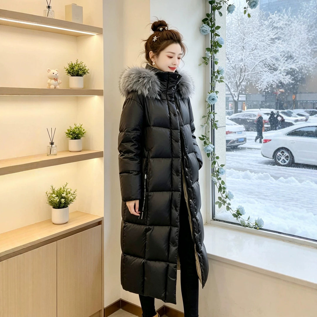 Damen Lange Daunenjacke mit Kunstfellkragen Echoarchiv
