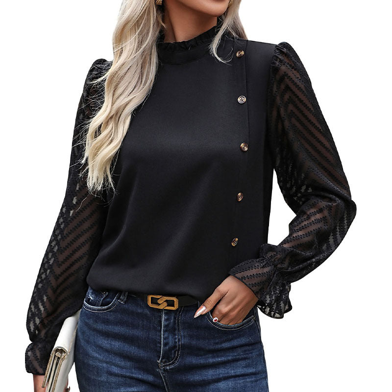 Damen Chiffonbluse mit Stehkragen, transparenten Ballonärmeln und asymmetrischer Knopfleiste – Élovi