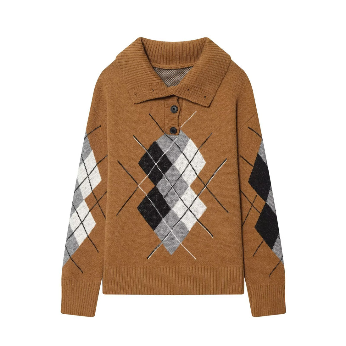 Damen Oversized Pullover mit Rautenmuster und Polokragen mit Knopfleiste Echoarchiv