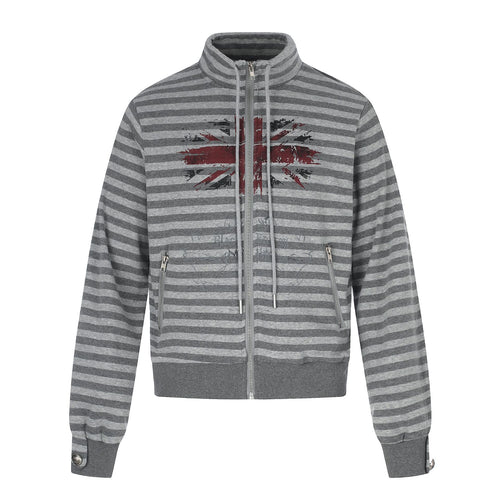Herren Kapuzenlose gestreifte Zip‑Blousonjacke mit Funnelkragen und Vintage‑Print Echoarchiv