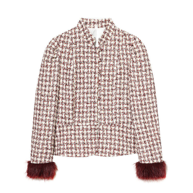 Damen Kurzblazer aus Bouclé‑Tweed mit Stehkragen und Kunstfellmanschetten Echo Archiv