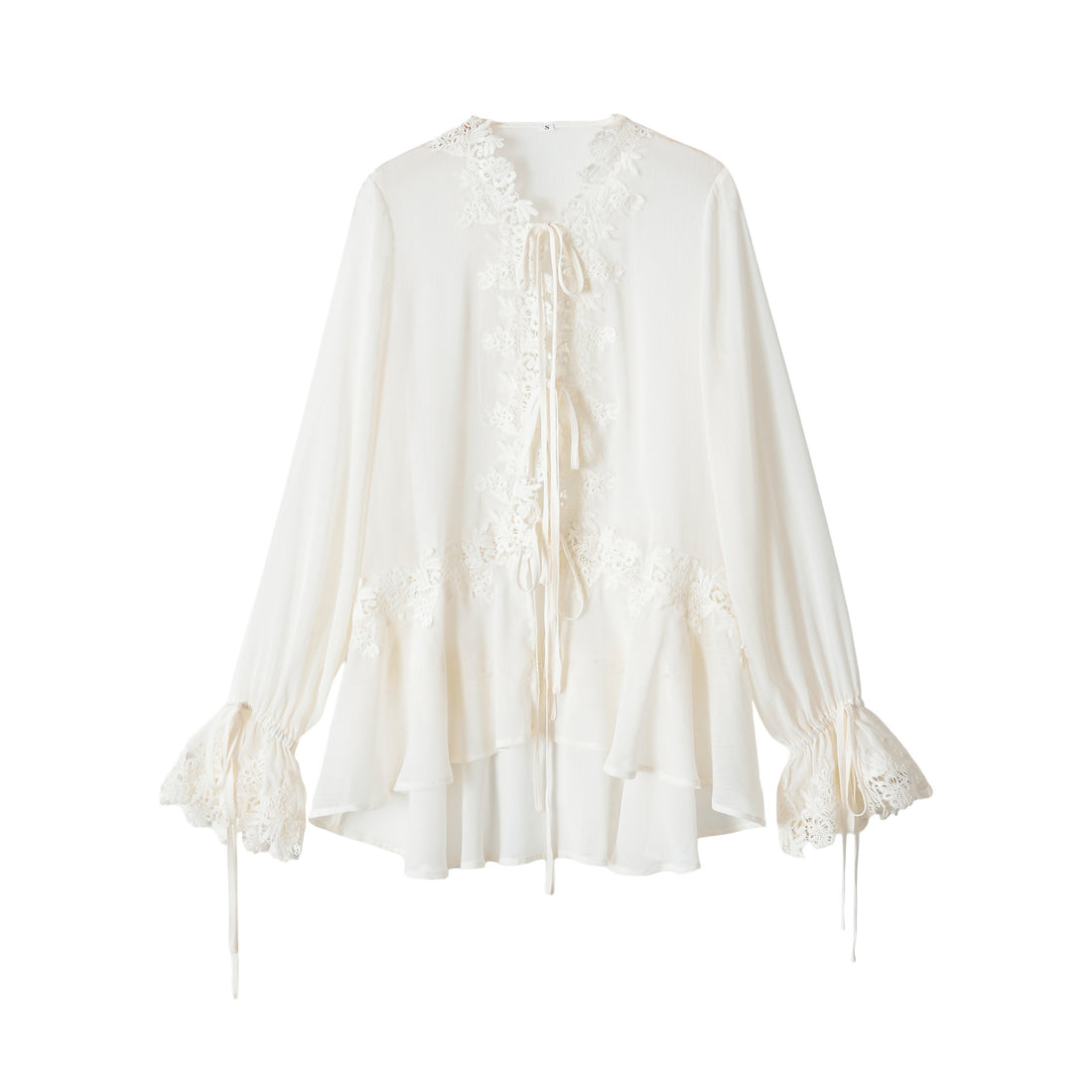 Damen Tunika-Bluse mit Spitzenapplikation, Bindebändern und Volantsaum Echoarchiv