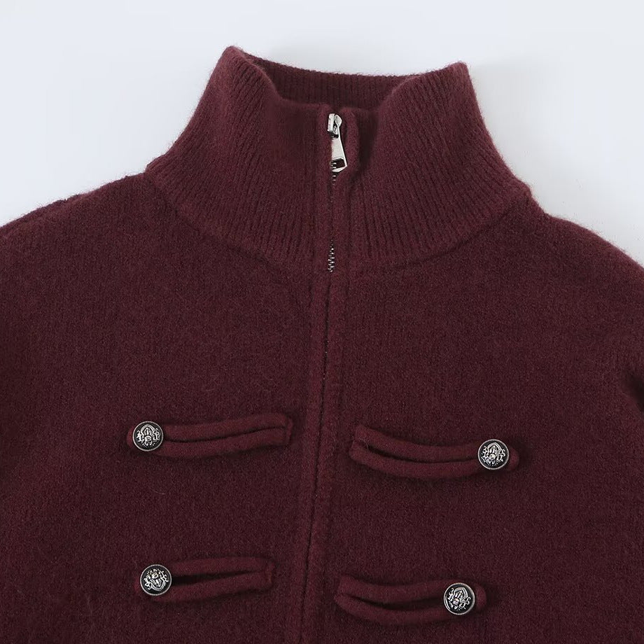 Damen Strickjacke mit Stehkragen, Reißverschluss und dekorativen Knotenblenden Echoarchiv