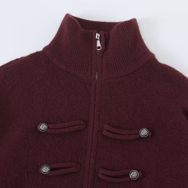 Damen Strickjacke mit Stehkragen, Reißverschluss und dekorativen Knotenblenden Echoarchiv