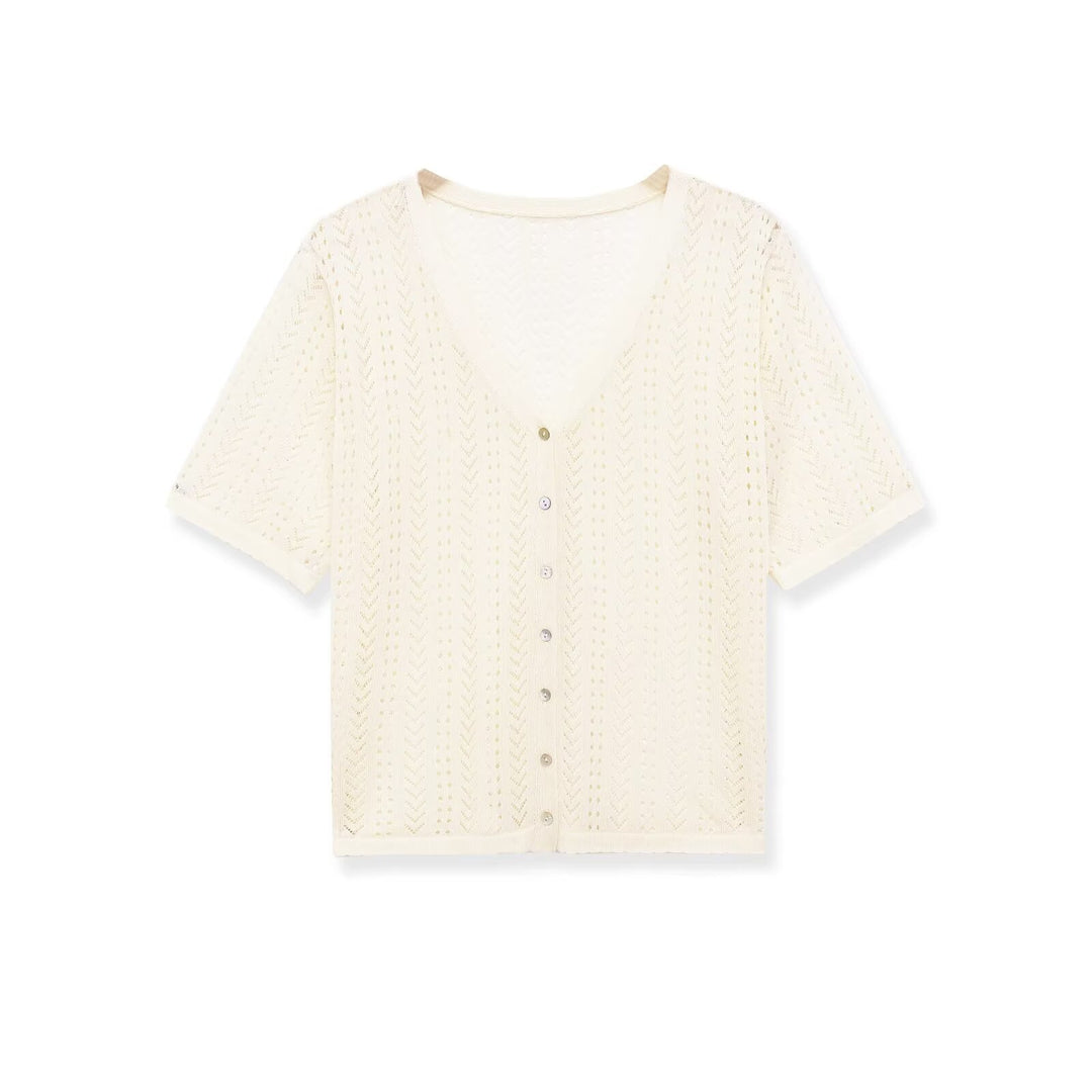 Damen Strick-Crop-Top mit V-Ausschnitt und Knopfverschluss Echo Archiv