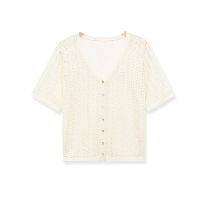 Damen Strick-Crop-Top mit V-Ausschnitt und Knopfverschluss Echo Archiv