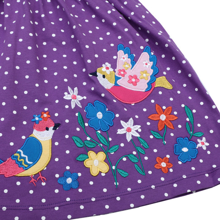 Mädchen Sommerkleid mit hübschen Vogel- und Blumenapplikationen Echo Archiv