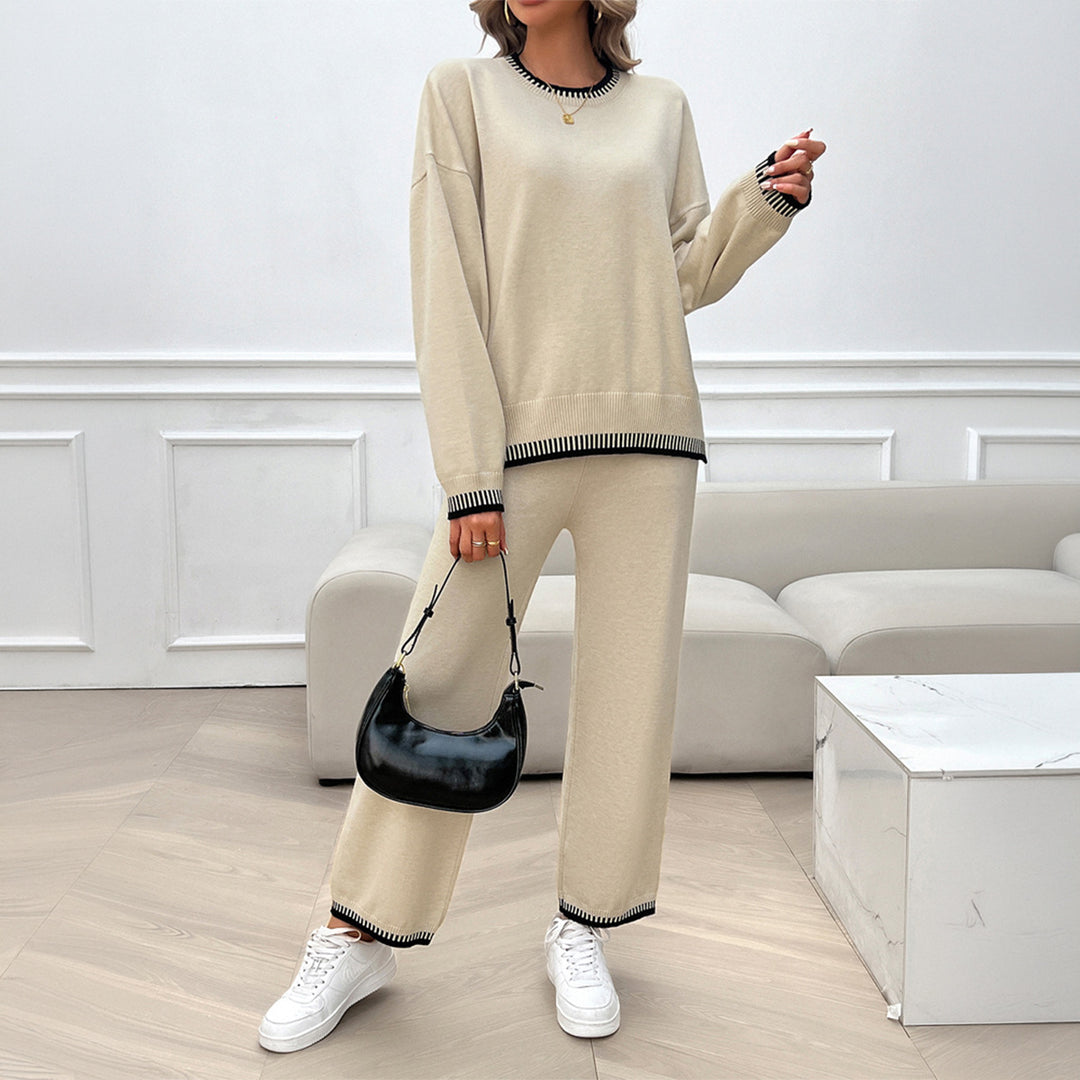 Damen Lounge-Zweiteiler aus feinem Feinstrick mit kontrastierten Bündchen und geradem Bein – Élanora