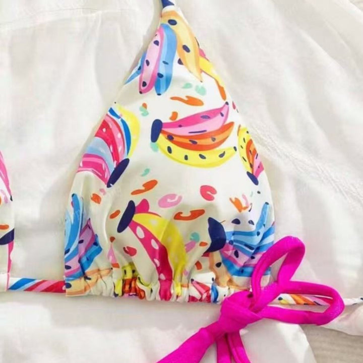 Damen Bikini-Set mit buntem Obstmuster und seitlichem Knoten Echo Archiv