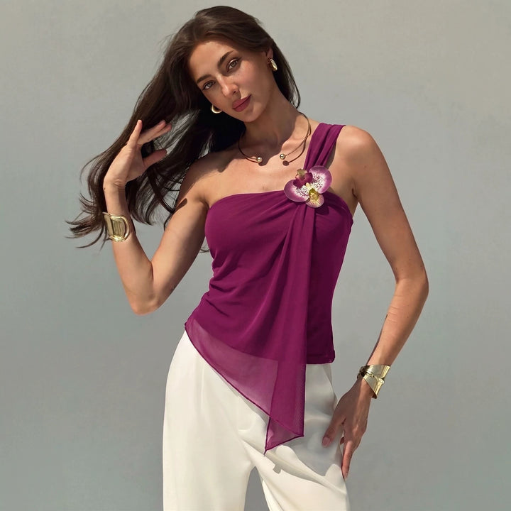 Damen nan asymmetrisches Einschulter-Chiffon-Oberteil mit Drapierung und Zierbrosche Echo Archiv