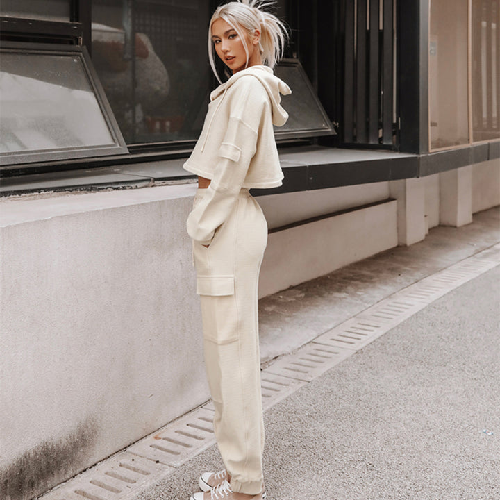 Damen nan Cropped Kapuzenpullover mit Highwaist Cargo-Joggingshose Set Echo Archiv